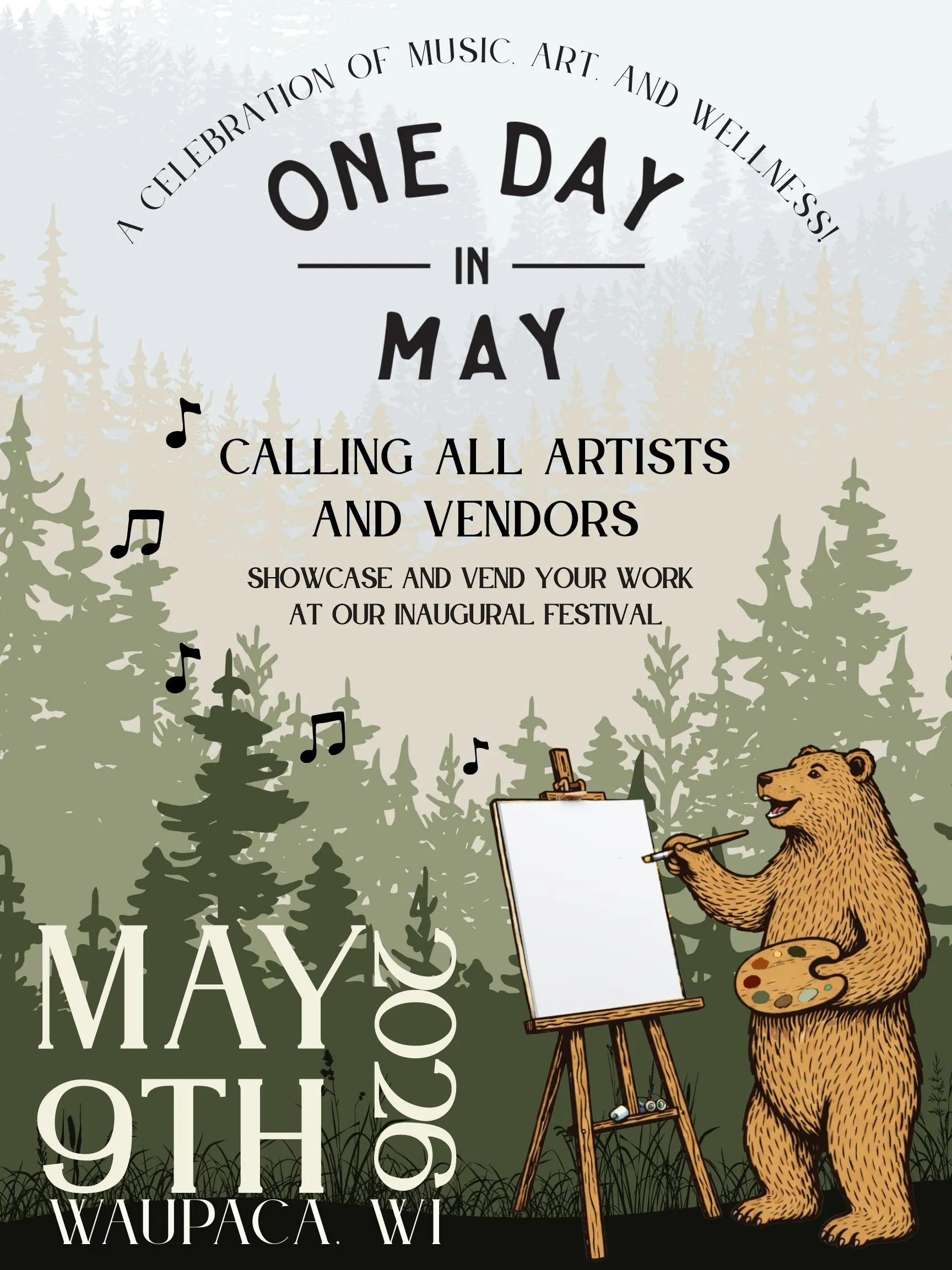 Illustration of a bear painting on an easel in a forest, with event text about a May 9th festival.