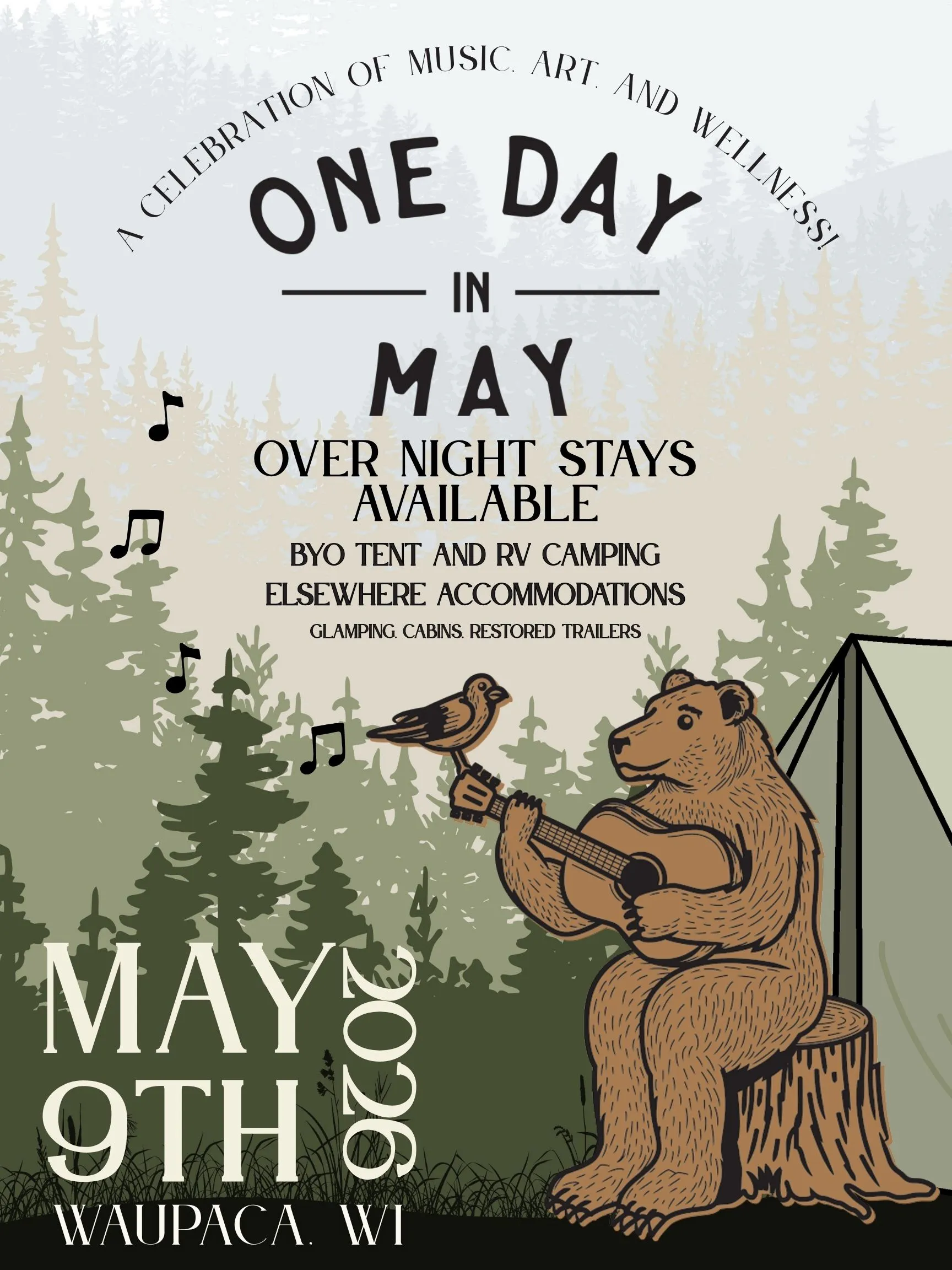 Illustration of a bear playing guitar with a bird on its head, camping tent, forest background, and event text.