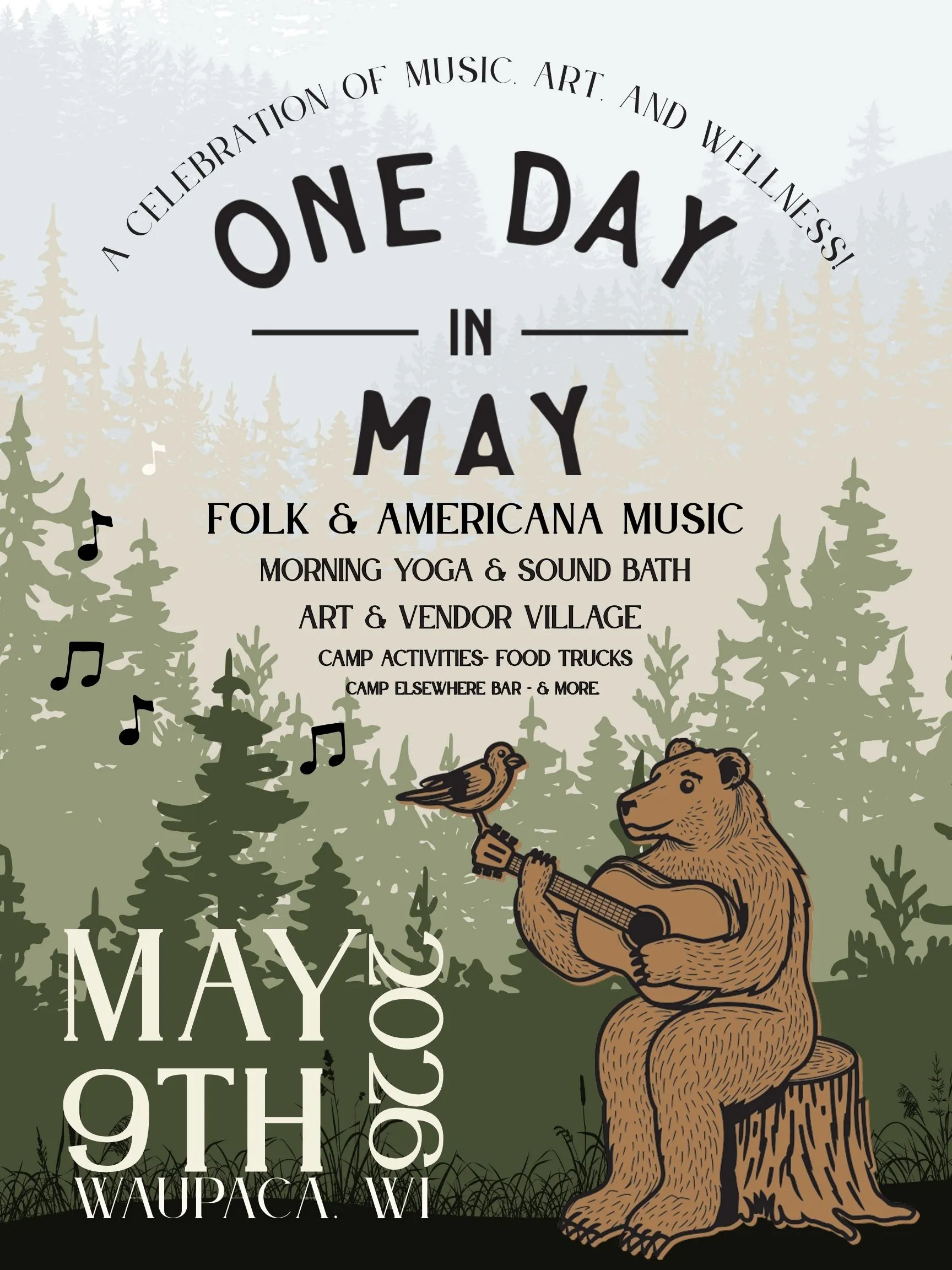 Illustration of a bear playing guitar with a bird perched on its hand, forest background, event details for May 9th, 2026 in Waupaca, WI.