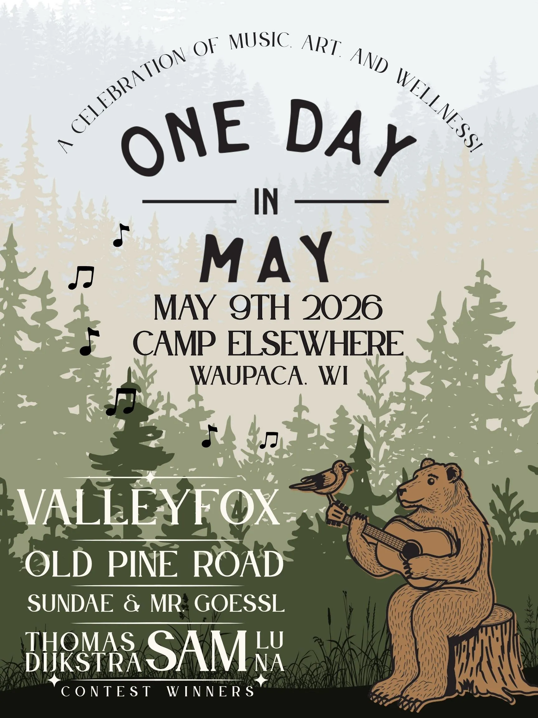 Poster for "One Day in May" music and wellness event on May 9, 2026, with bear playing guitar.