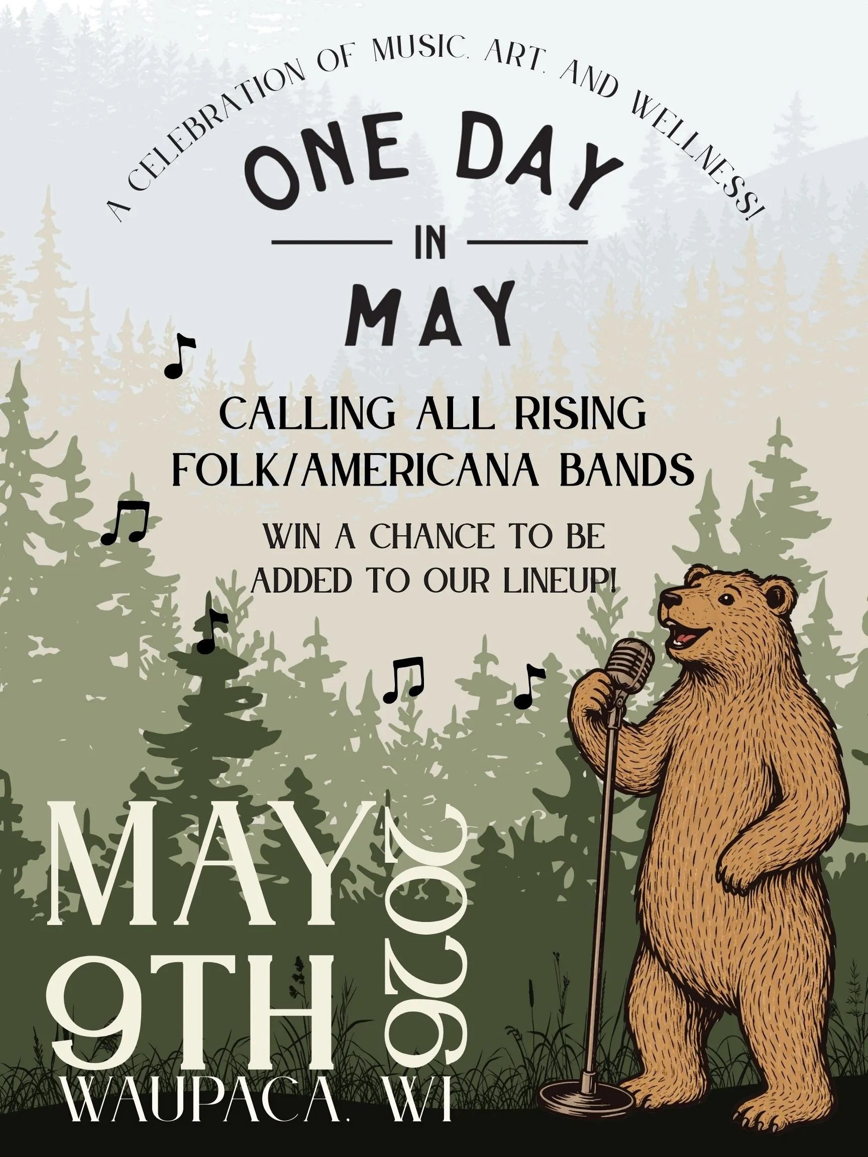 Illustration of a bear singing into a microphone with forest background and event text.