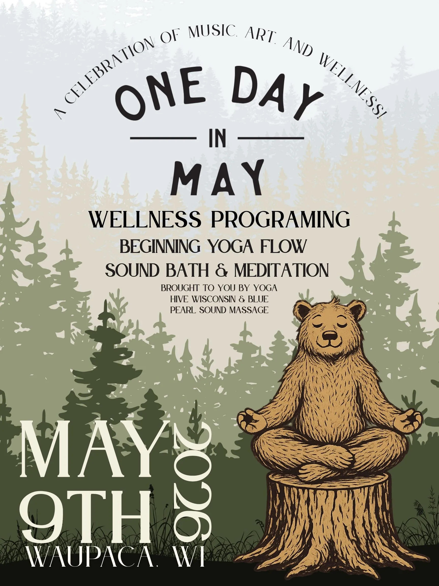 Illustration of a meditating bear on a tree stump with event details and forest background.