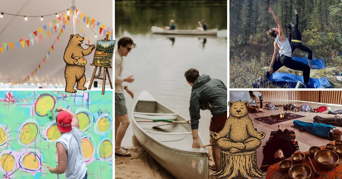 Collage of outdoor and indoor wellness activities including painting, canoeing, yoga, and meditation with illustrated bears.