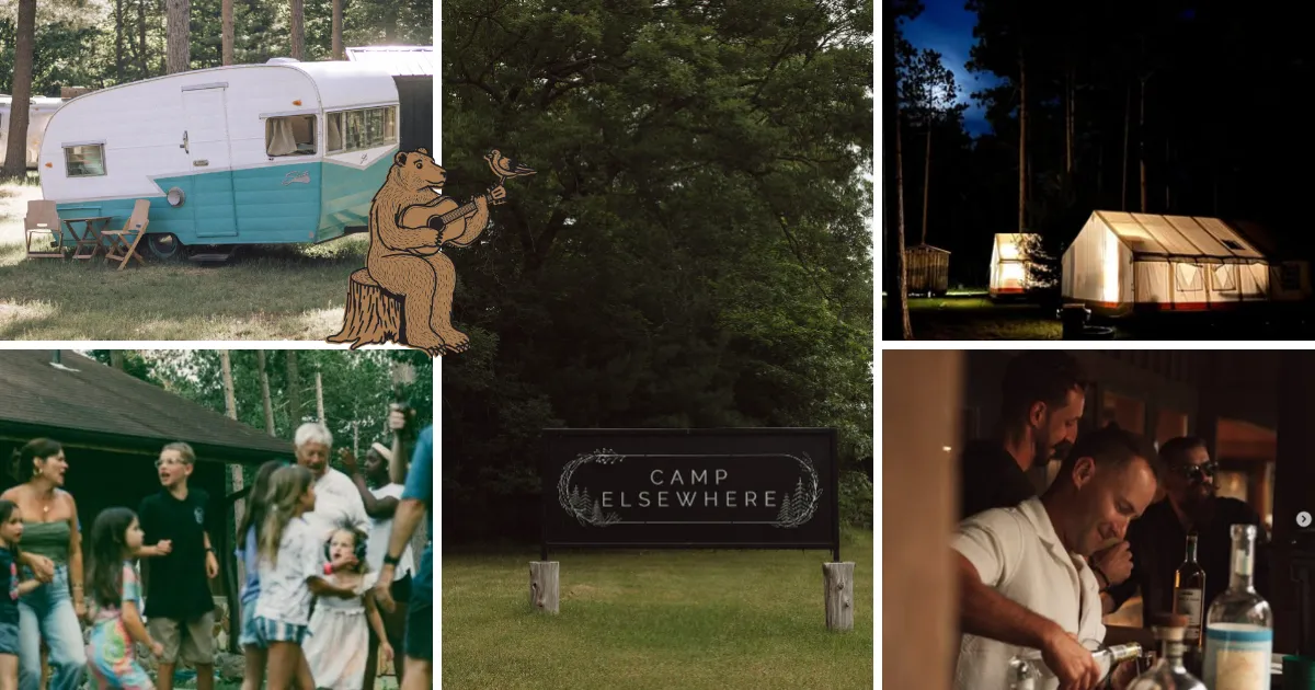 Collage of Camp Elsewhere featuring campers, nighttime tents, a teal and white trailer, and a smiling bartender.