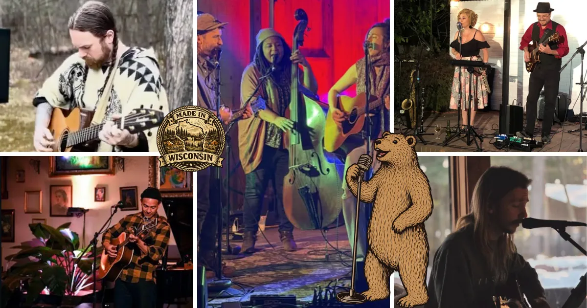Collage of musicians performing with guitars and double bass, featuring a "Made in Wisconsin" emblem and illustrated bear with microphone.