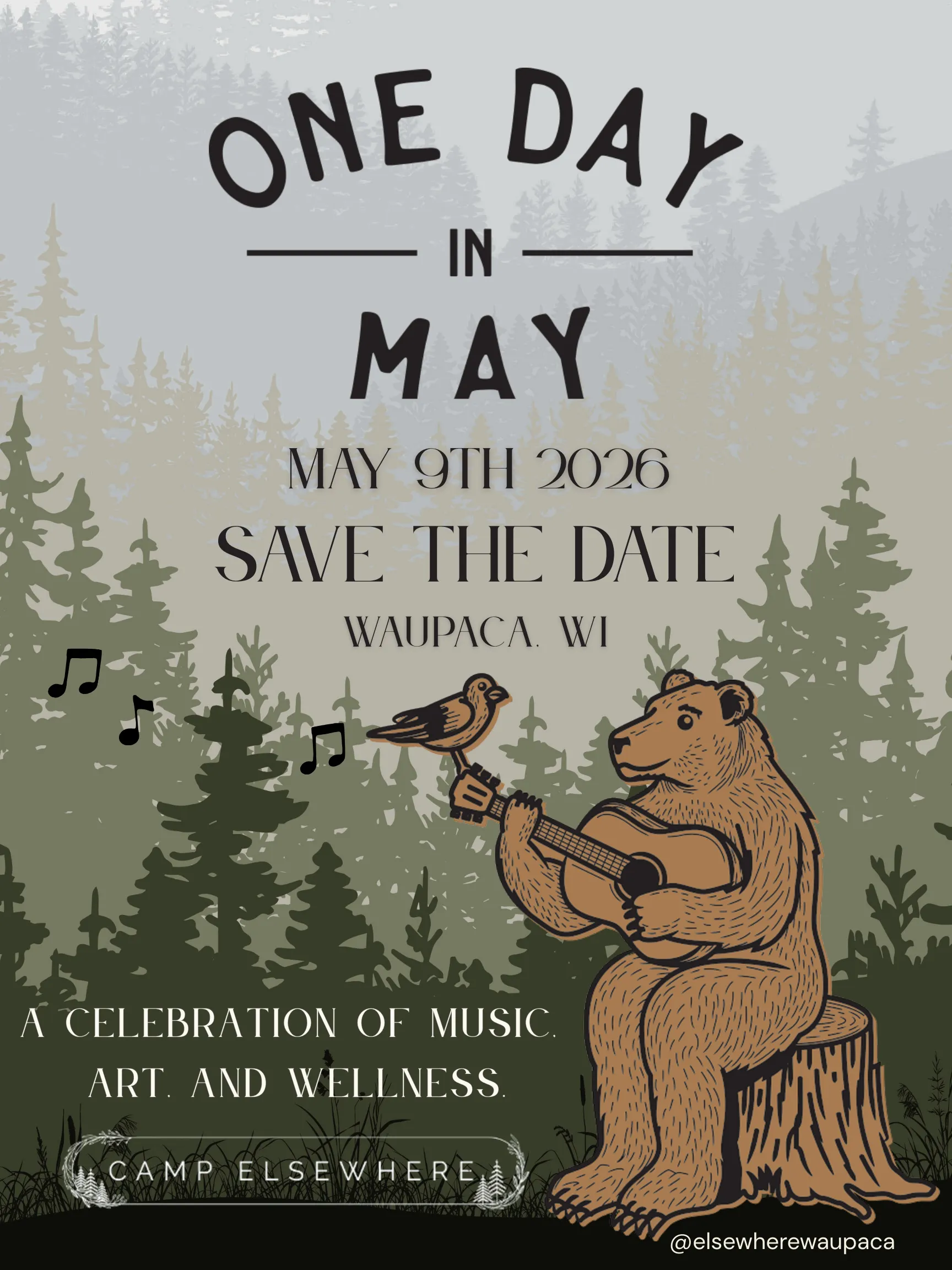 Illustration of a bear playing guitar with a bird on its hand, forest background, event details for May 9th, 2026, Waupaca, WI.
