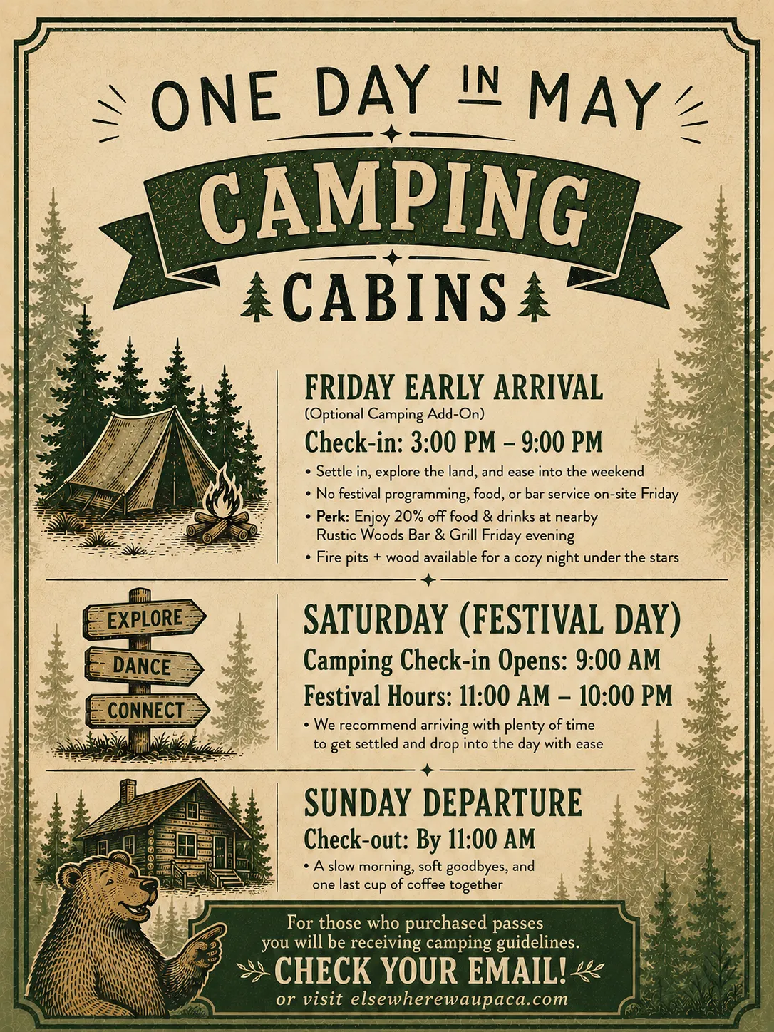 Vintage-style camping event poster with green and beige tones, illustrations of a tent, campfire, bear, log cabin, and directional sign.
